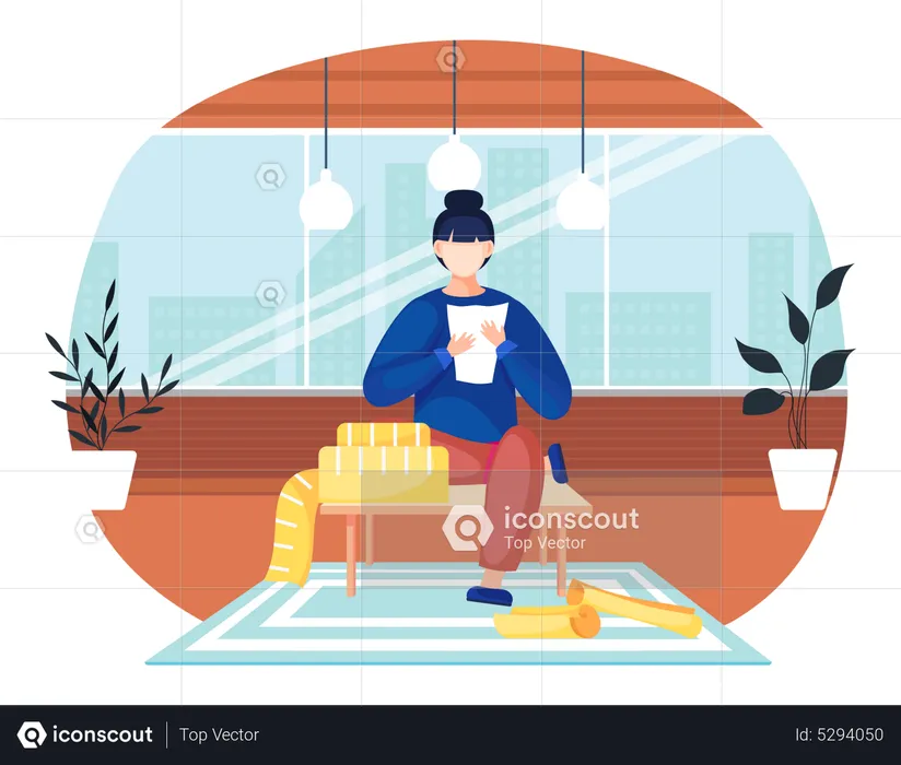 Dressmaker sitting on table and looking at clothes pattern  Illustration