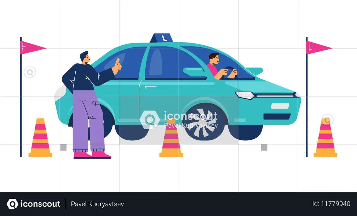 Driving test with driving school student and instructor  Illustration