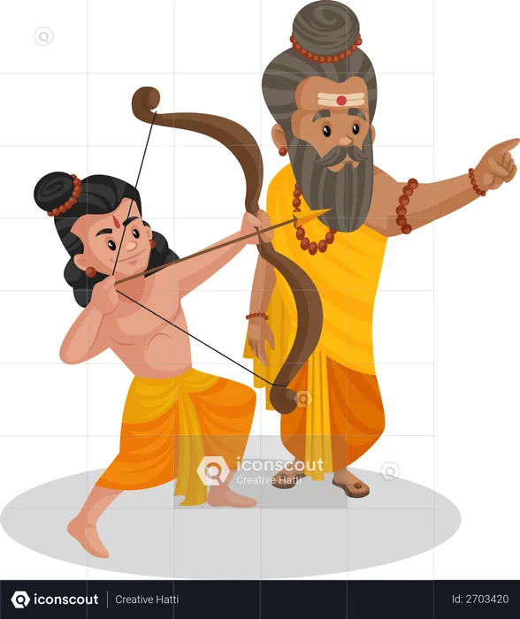 Dronacharya enseñando reverencia a Arjun  Ilustración