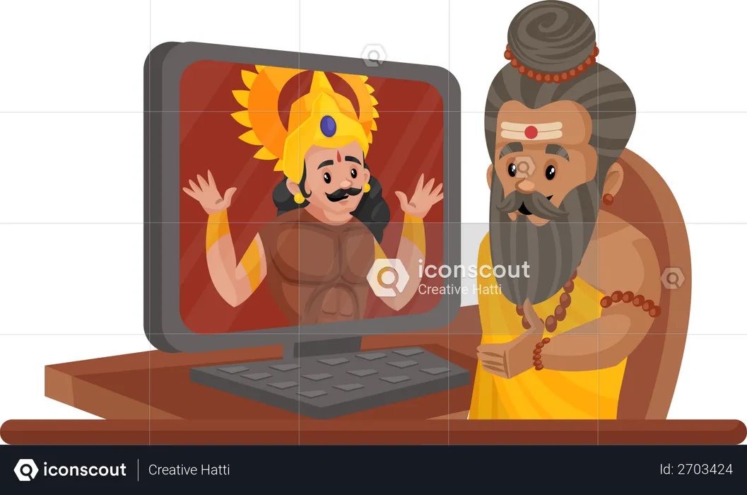 Dronacharya video chatting with Arjun  Illustration
