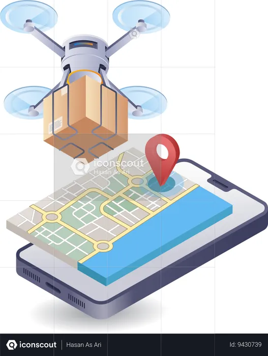 Drone delivers goods with map application  Illustration