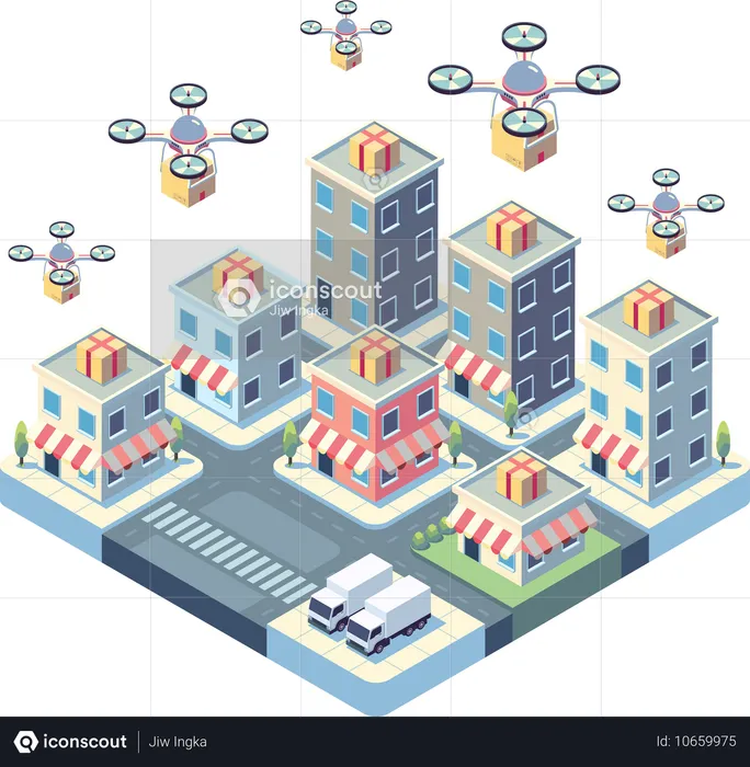 Drones Delivering Packages in Urban Environmen  Illustration