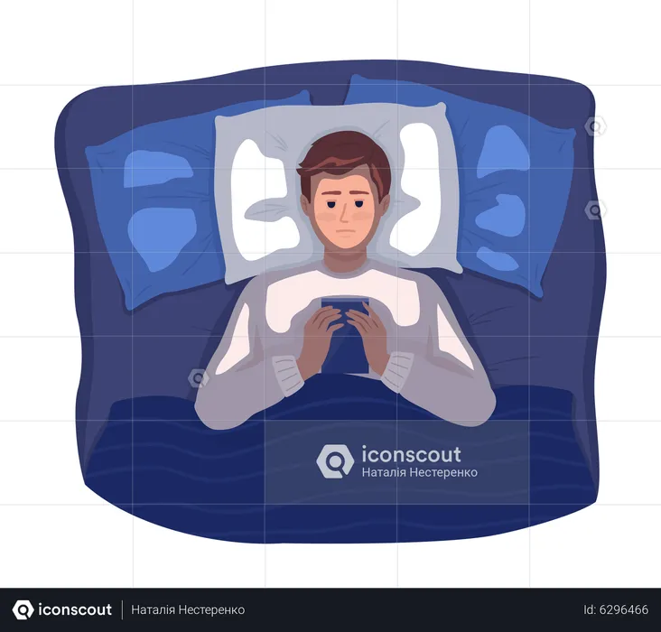 Drowsy boy using phone while lying down  Illustration