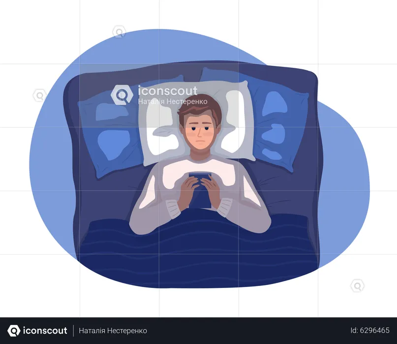 Drowsy boy using phone while lying down  Illustration