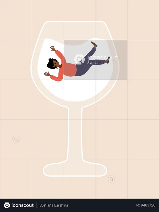Drunk african Woman swimming in glass of boozy  Illustration