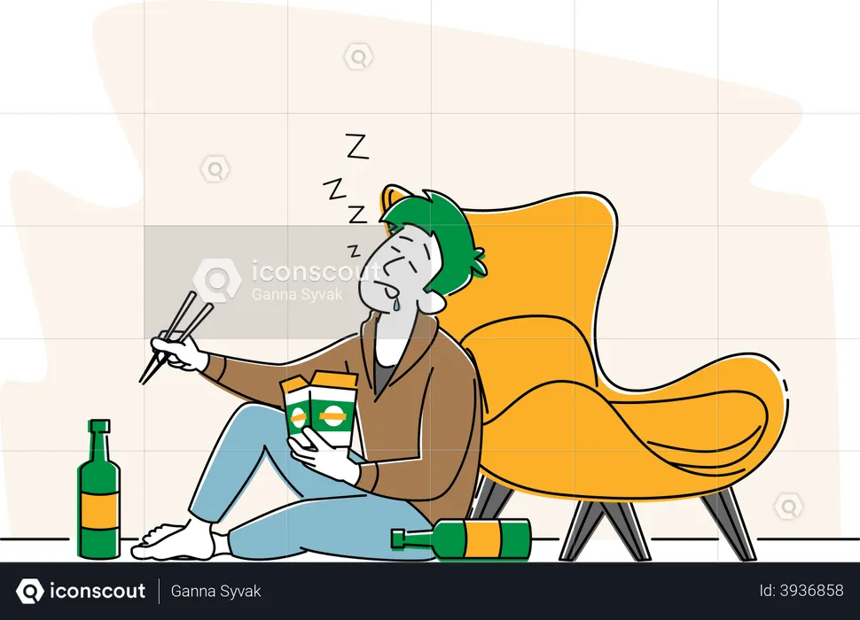 Drunk Male with Wok Box in Hand Sleeping on Floor with Alcohol Bottles  Illustration