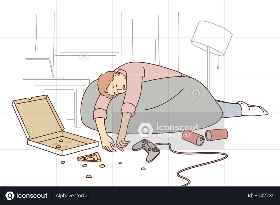 Drunk man sleeps in dirty apartment near joystick with scattered pizza and beer cans  Illustration