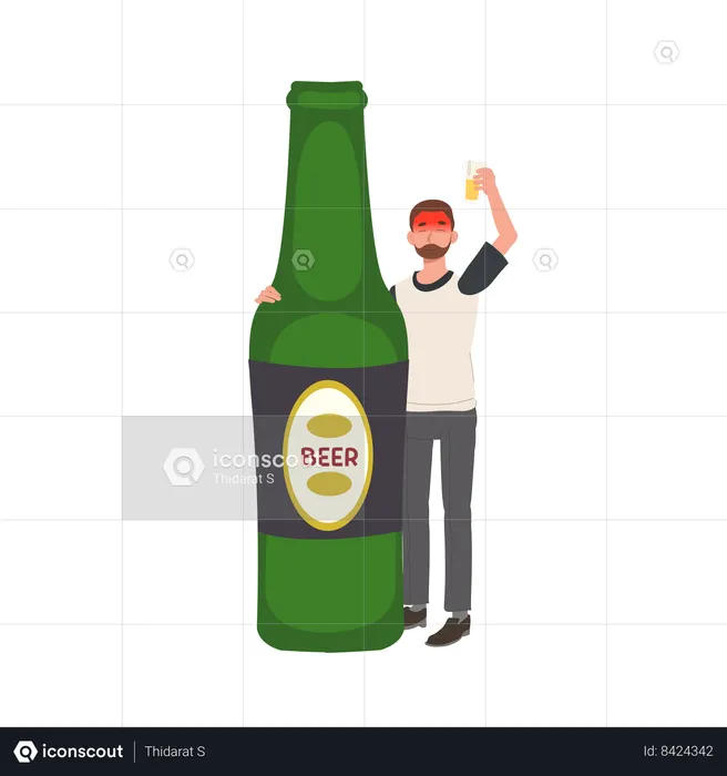 Drunk Man with glass of beer and big beer bottle Drunkard  Illustration