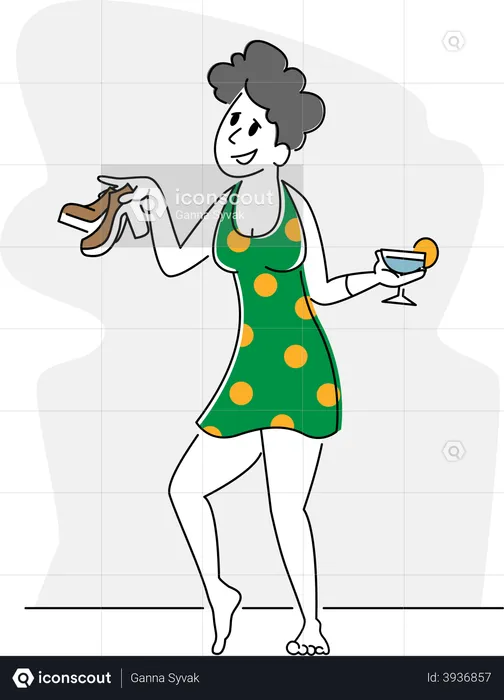 Drunk Woman Holding Glass and Shoes in Hands  Illustration