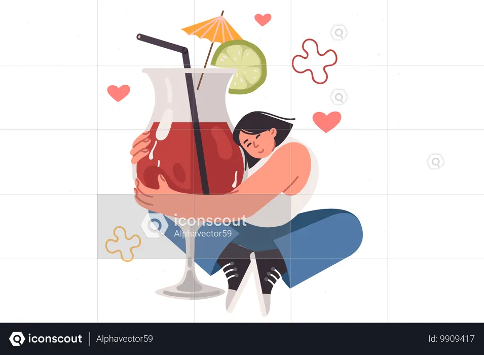 Drunk woman hugs large glass with alcoholic cocktail  Illustration