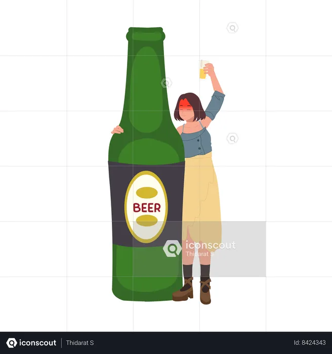 Drunk woman with glass of beer and big beer bottle  Illustration