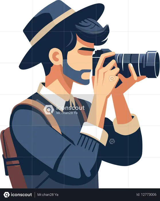 챙이 넓은 모자와 배낭을 착용하고 DSLR 카메라로 사진을 찍는 남자  일러스트레이션