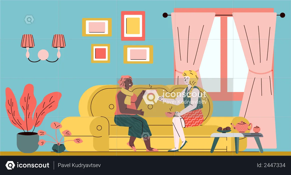 Duas amigas felizes bebendo chá no sofá no aconchegante interior da sala de estar  Ilustração