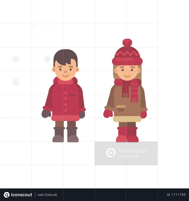 Duas crianças fofas em roupas de inverno  Ilustração