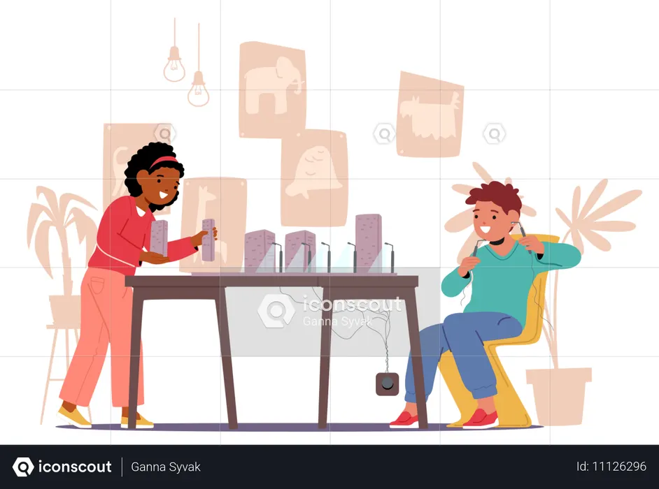 Duas crianças trabalhando alegremente em um projeto escolar na sala de aula  Ilustração