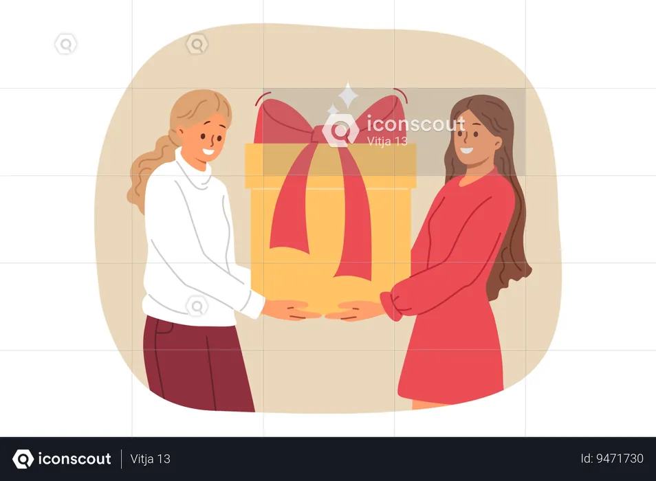 Duas mulheres estão segurando uma grande caixa de presente com laço vermelho correndo para parabenizar o herói do dia no aniversário  Ilustração