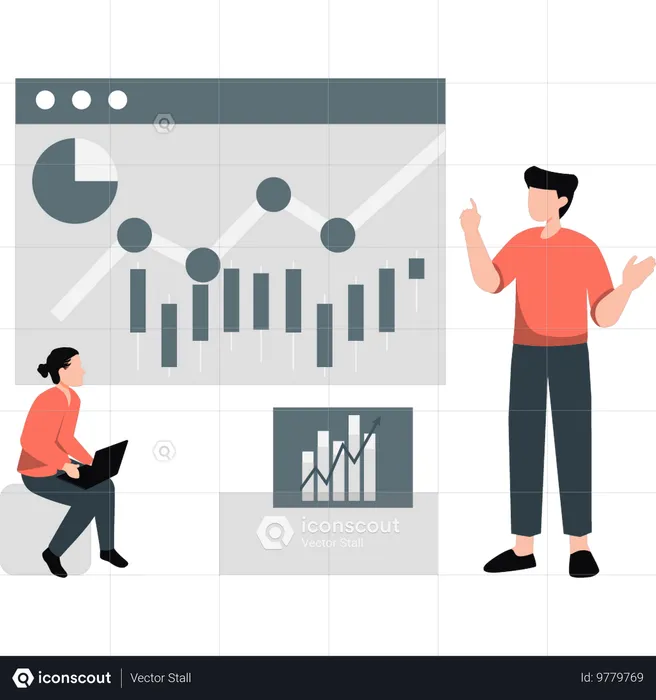 Duas pessoas falando sobre gráfico analítico  Ilustração