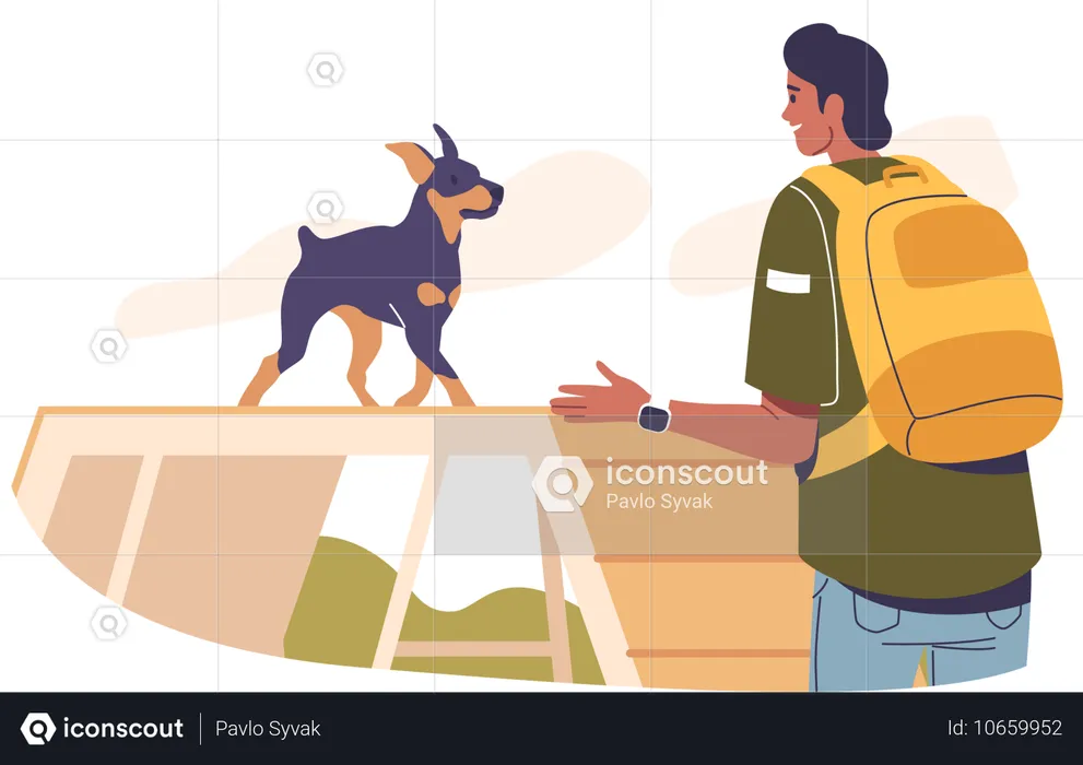 Dueño masculino dirigiendo a su perro en la plataforma  Ilustración