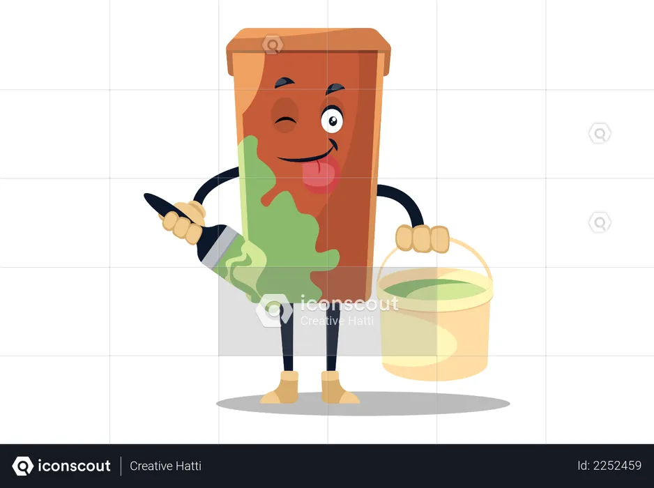 Dustbin standing with color brush and bucket and painting itself  Illustration