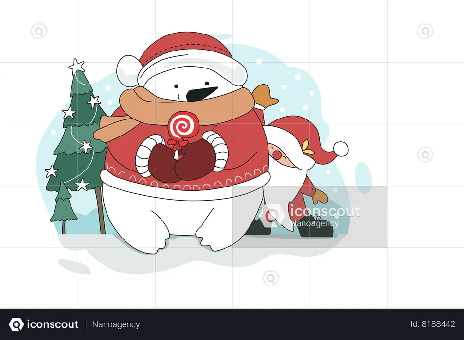 Dwarf Having Fun With Snowman  Illustration