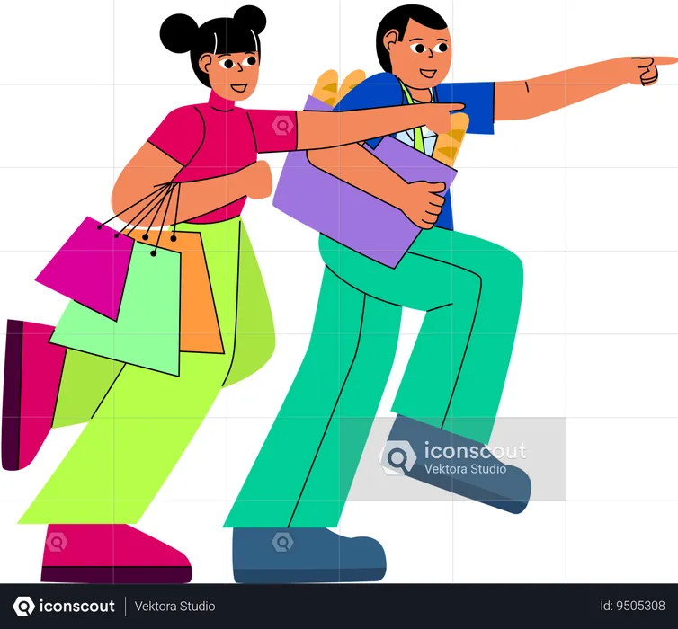 Dynamic scene of two friends on a shopping adventure  Illustration