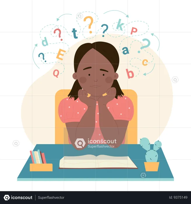 Dyslexic girl with anxiety on face learning at table  Illustration