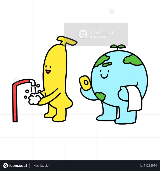 Earth and Banana Practicing Hygiene  Illustration