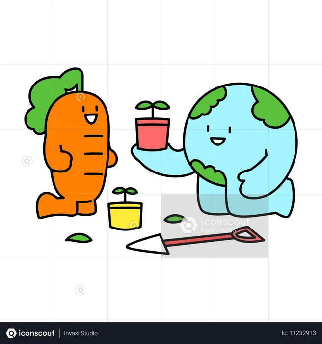 Earth and Carrot Planting Trees Together  Illustration