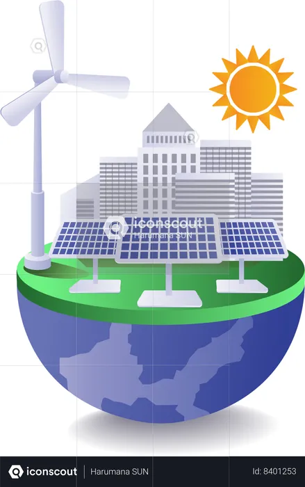 Earth planet uses solar energy and wind energy  Illustration