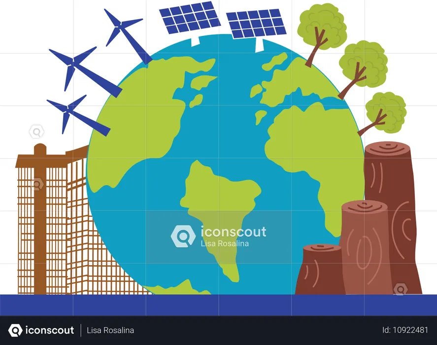 持続可能なエネルギーの使用と森林破壊のバランスが取れた地球  イラスト