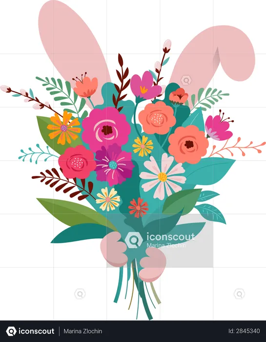 Easter Bunny is hiding behind the flower bouquet  Illustration
