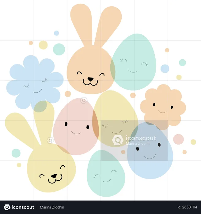 Easter card, banner and background design with eggs, bunnies and flowers  Illustration