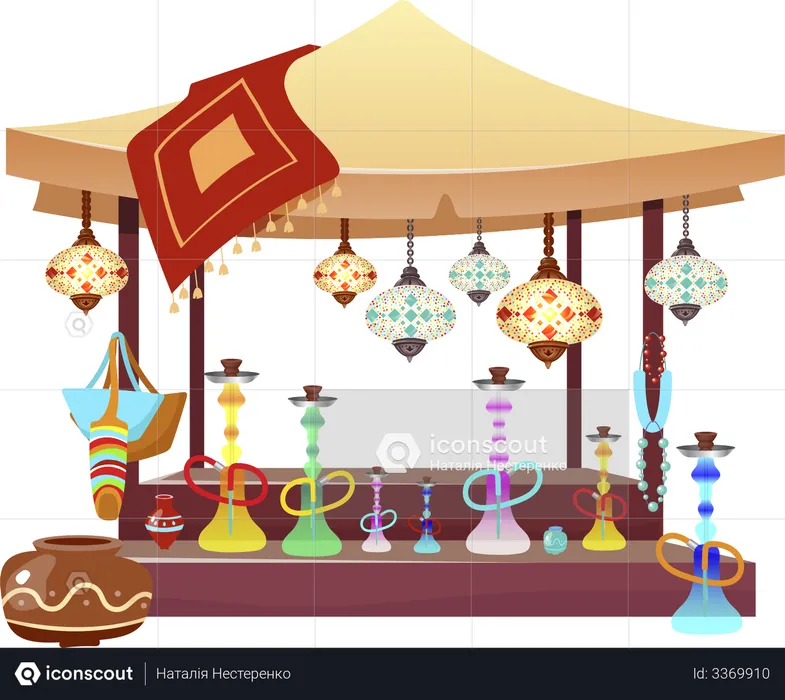 Eastern market tent with hookahs  Illustration