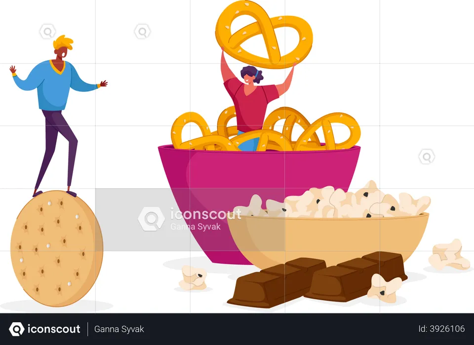 Eating snacks and fast-food  Illustration
