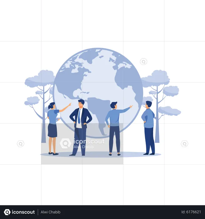 Eco-friendly company. planet earth as environment symbol. take care of ecology protection by business. business man looking at blue world facing global warming pollution problem flat vector  Illustration