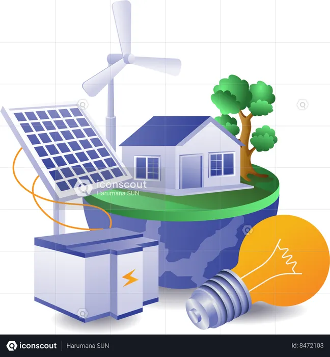 Casa ecológica ecológica con energía de paneles solares.  Ilustración