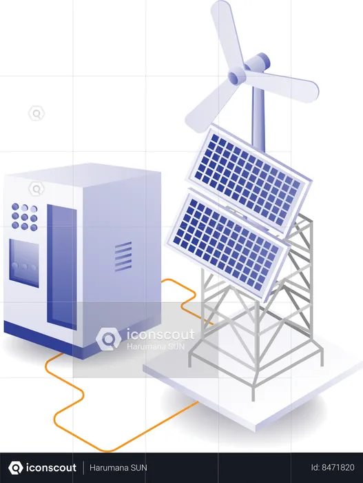 Panel solar ecológico y energía de molino de viento.  Ilustración