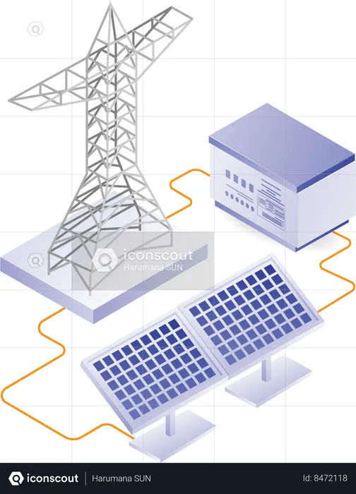 Fluxo de eletricidade doméstica ecológica a partir da energia do painel solar  Ilustração