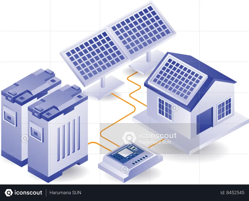 Eco verde de grande rede de baterias para armazenar energia de painel solar para casa  Ilustração