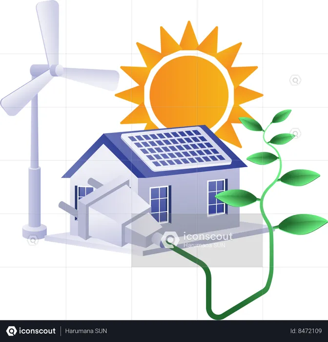 Infographie écologique sur l'électricité domestique à partir de panneaux solaires et d'énergie éolienne  Illustration