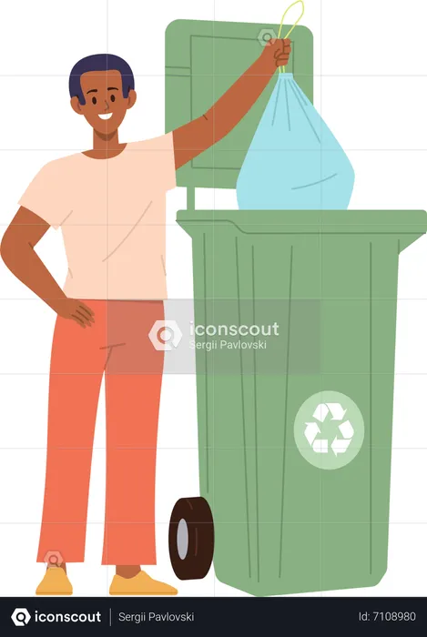 Un écolier jetant des déchets organiques dans une poubelle en prenant soin de l'environnement  Illustration