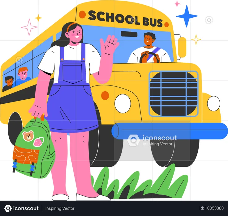 Une écolière attend le bus scolaire  Illustration