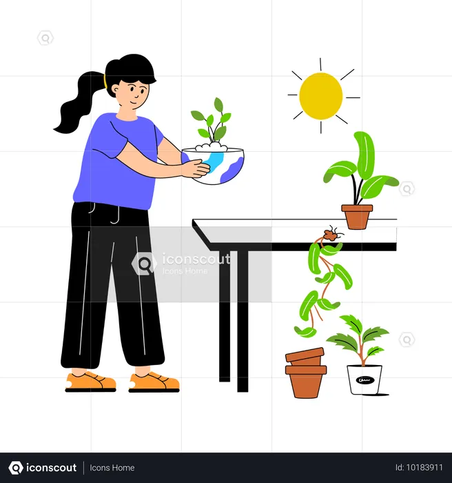 Ecologista femenina cargando una planta  Ilustración