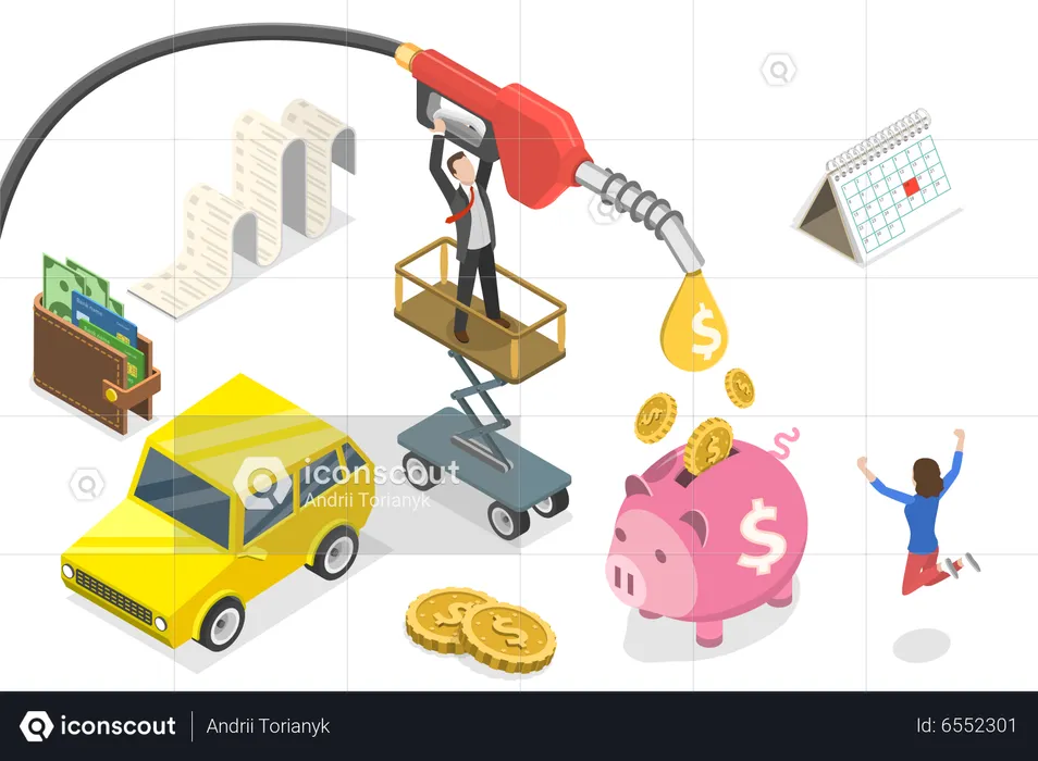 Economía de combustible, reducción del consumo de combustible y ahorro de dinero en gasolina  Ilustración