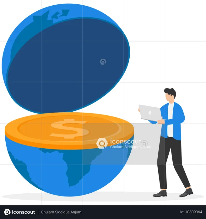 Economía internacional, inversión global, oportunidades financieras en todo el mundo  Ilustración