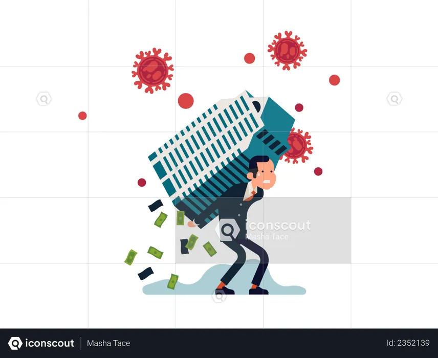 Economic crisis caused by coronavirus with businessman struggling to hold huge office building with money falling  Illustration