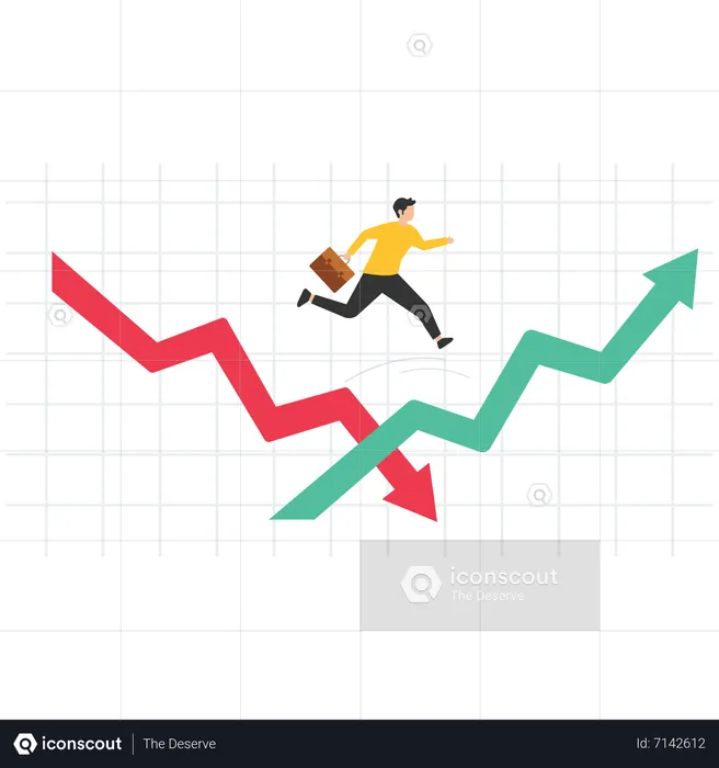Economic volatility, Recovering from the stock market crisis, adapt, deal with the stock market downturn or Bear Market, businessman jumping from red to rising up arrow  Illustration