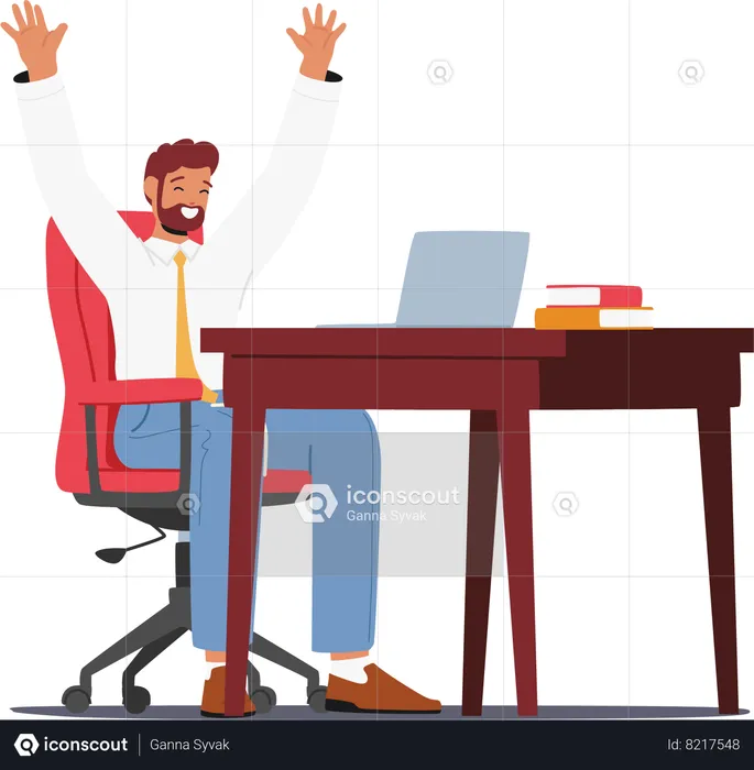 Ecstatic Businessman celebrates success sitting at desk near laptop  Illustration