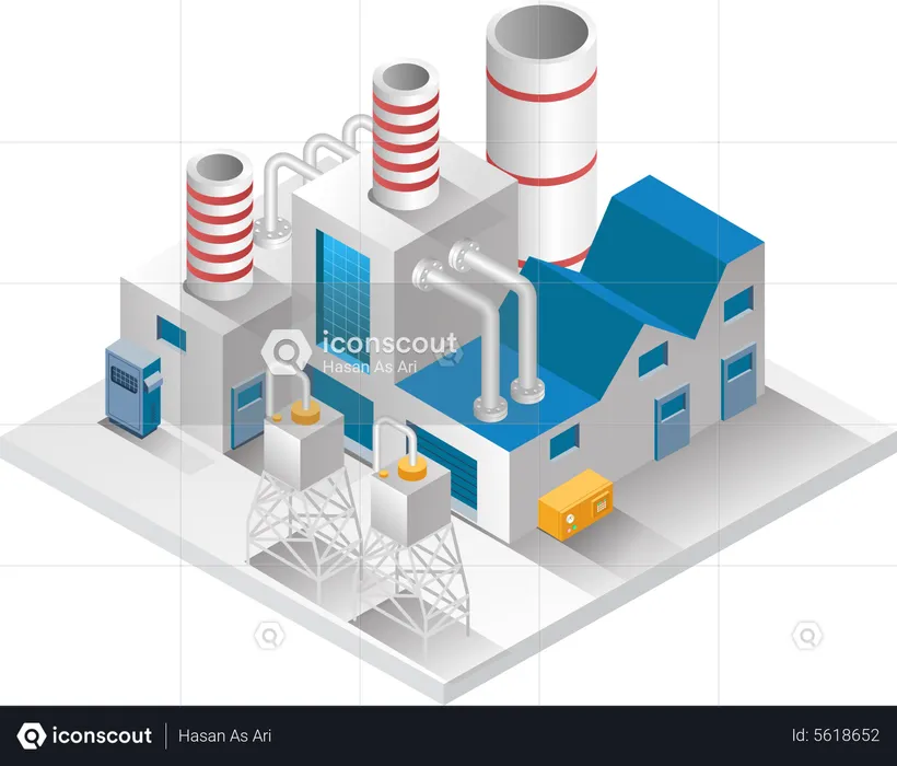 Edificio de fábrica con chimenea y depósito de agua.  Ilustración