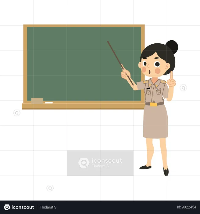 Educadora asiática ensinando com ponteiro e quadro-negro  Ilustração